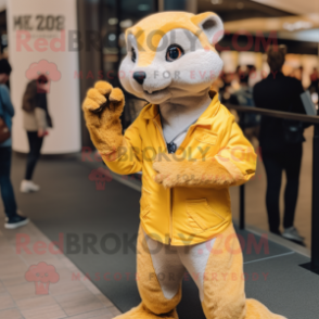 Yellow Mongoose mascot costume character dressed with a Oxford Shirt and Rings