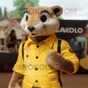 Yellow Mongoose mascot costume character dressed with a Oxford Shirt and Rings