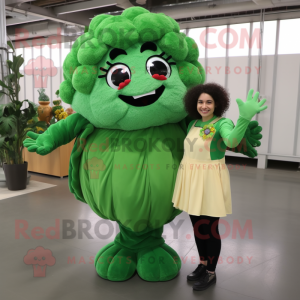 Forest Green Cauliflower mascot costume character dressed with a Blouse and Keychains