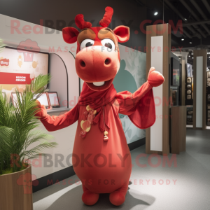 Red Giraffe mascot costume character dressed with a Blouse and Wraps