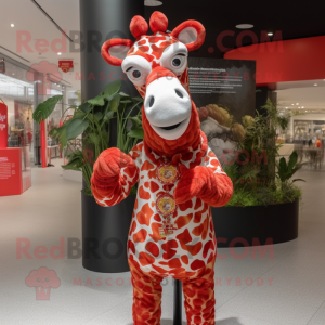 Red Giraffe mascot costume character dressed with a Blouse and Wraps