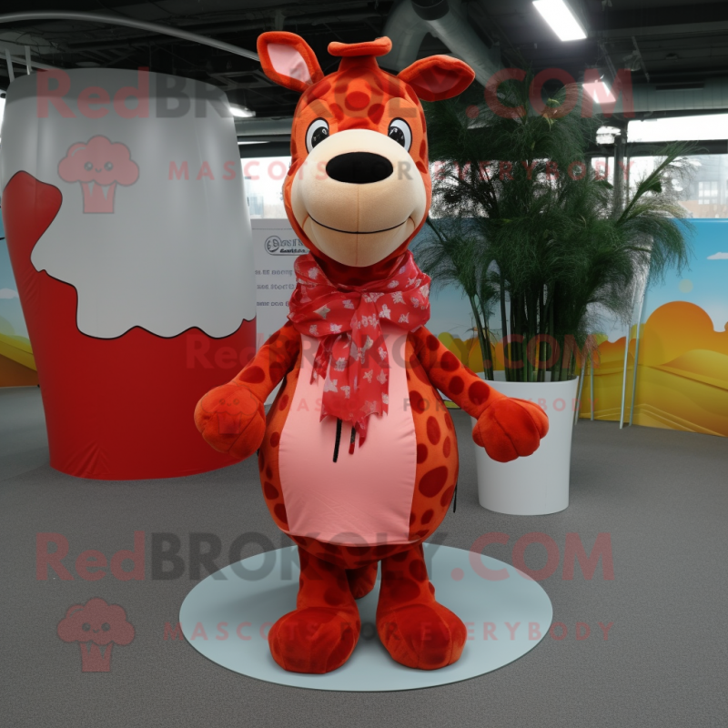 Red Giraffe mascot costume character dressed with a Blouse and Wraps