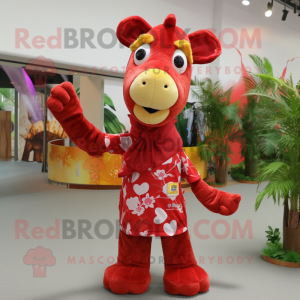 Red Giraffe mascot costume character dressed with a Blouse and Wraps