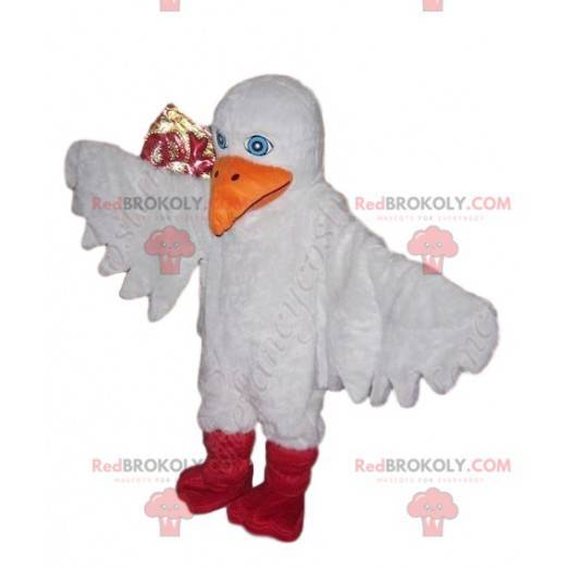 White bird mascot with a large orange beak - Redbrokoly.com