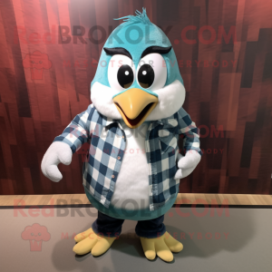 Cyan Penguin mascot costume character dressed with a Flannel Shirt and Necklaces