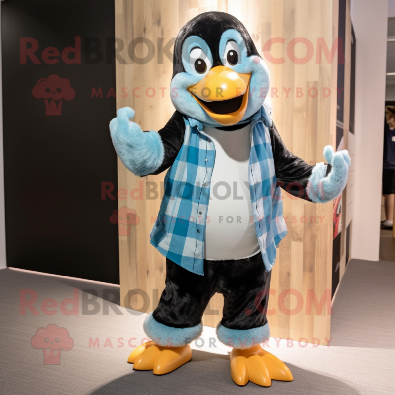 Cyan Penguin mascot costume character dressed with a Flannel Shirt and Necklaces