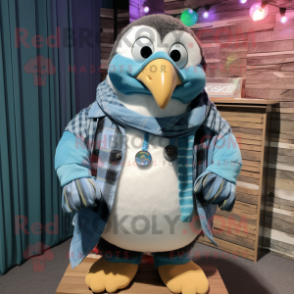 Cyan Penguin mascot costume character dressed with a Flannel Shirt and Necklaces