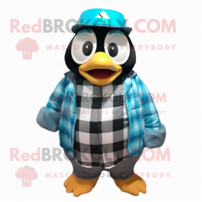 Cyan Penguin mascot costume character dressed with a Flannel Shirt and Necklaces