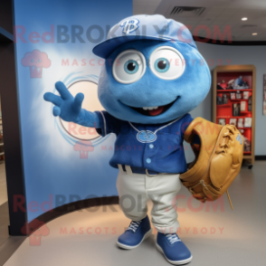 Blue Baseball Glove mascot costume character dressed with a Jeans and Keychains