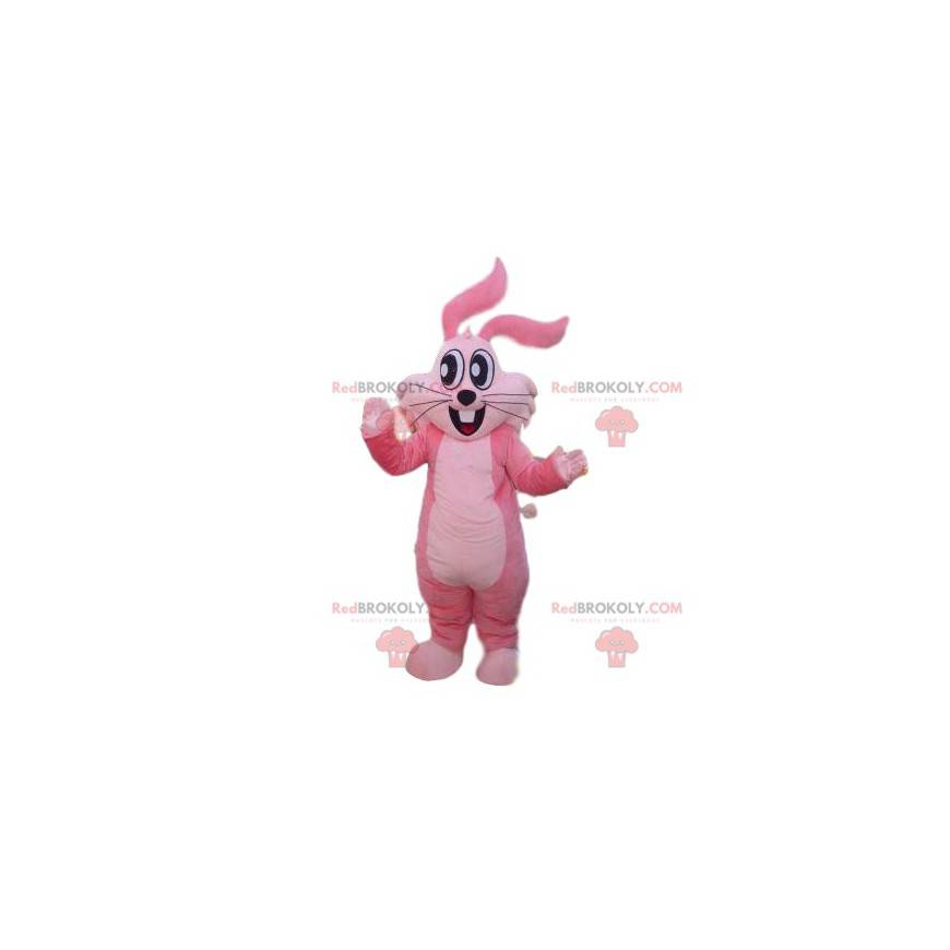 Super vrolijk roze konijn mascotte met grote ogen -