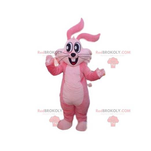 Mascotte de lapin rose super heureux avec de grands yeux -