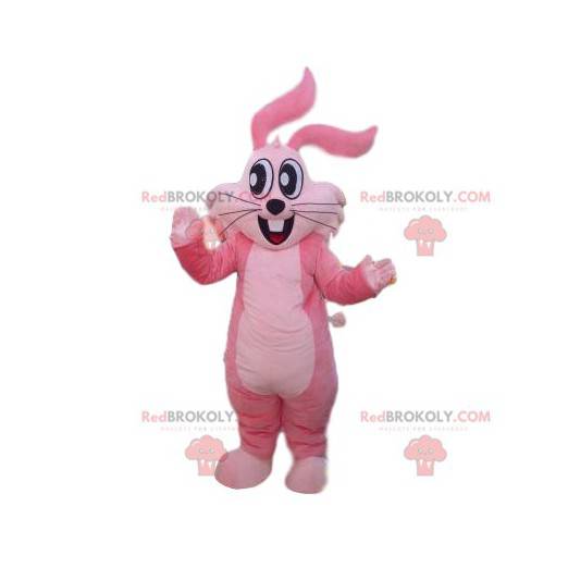 Super vrolijk roze konijn mascotte met grote ogen -
