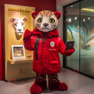 Red Jaguar mascot costume character dressed with a Parka and Wallets