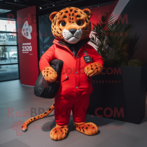 Red Jaguar mascot costume character dressed with a Parka and Wallets