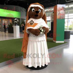 Brown Irish Flag mascot costume character dressed with a Wedding Dress and Shawl pins