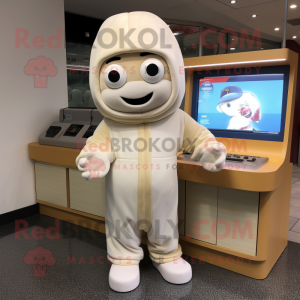 Cream Television mascot costume character dressed with a Hoodie and Headbands