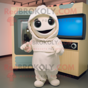 Cream Television mascot costume character dressed with a Hoodie and Headbands