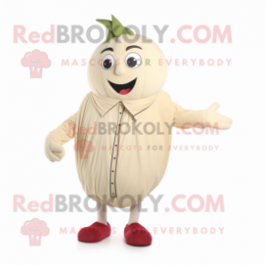 Beige Beet mascot costume character dressed with a Polo Tee and Shawl pins