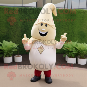 Beige Beet mascot costume character dressed with a Polo Tee and Shawl pins