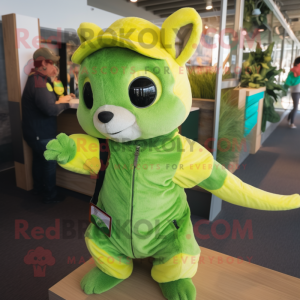 Lime Green Flying Squirrel mascot costume character dressed with a Overalls and Beanies