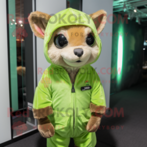 Lime Green Flying Squirrel mascot costume character dressed with a Overalls and Beanies