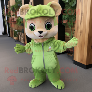 Lime Green Flying Squirrel mascot costume character dressed with a Overalls and Beanies