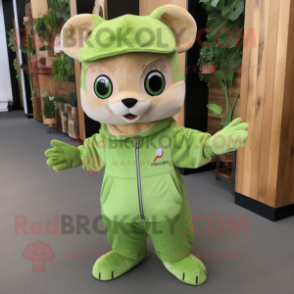 Lime Green Flying Squirrel mascot costume character dressed with a Overalls and Beanies