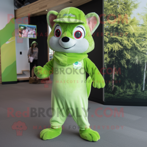 Lime Green Flying Squirrel mascot costume character dressed with a Overalls and Beanies