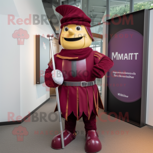 Maroon Swiss Guard mascot costume character dressed with a Overalls and Tie pins