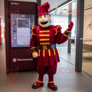 Maroon Swiss Guard mascot costume character dressed with a Overalls and Tie pins