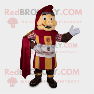 Maroon Swiss Guard mascot costume character dressed with a Overalls and Tie pins