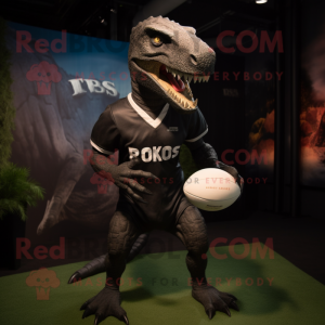 Black Allosaurus mascot costume character dressed with a Rugby Shirt and Cufflinks