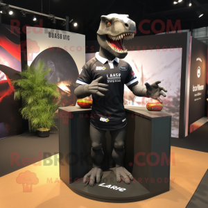Black Allosaurus mascot costume character dressed with a Rugby Shirt and Cufflinks