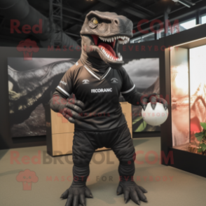 Black Allosaurus mascot costume character dressed with a Rugby Shirt and Cufflinks