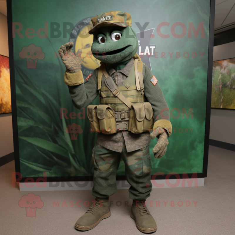 Rust Green Beret mascot costume character dressed with a Vest and Anklets Rust Green Beret mascot costume character dressed with a Vest and Anklets