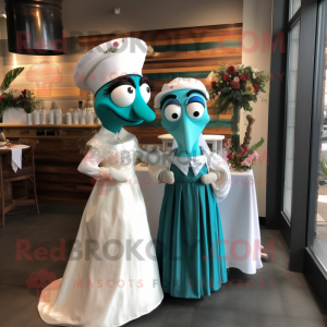 Teal Fajitas mascot costume character dressed with a Wedding Dress and Hairpins