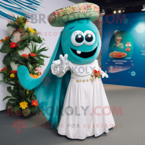 Teal Fajitas mascot costume character dressed with a Wedding Dress and Hairpins