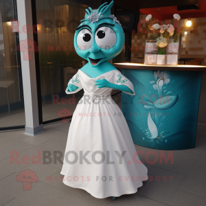 Teal Fajitas mascot costume character dressed with a Wedding Dress and Hairpins