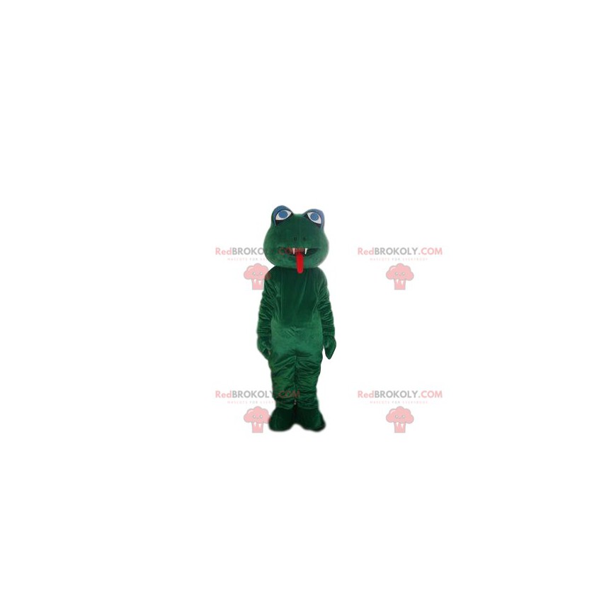 Green frog mascot with two sharp teeth - Redbrokoly.com