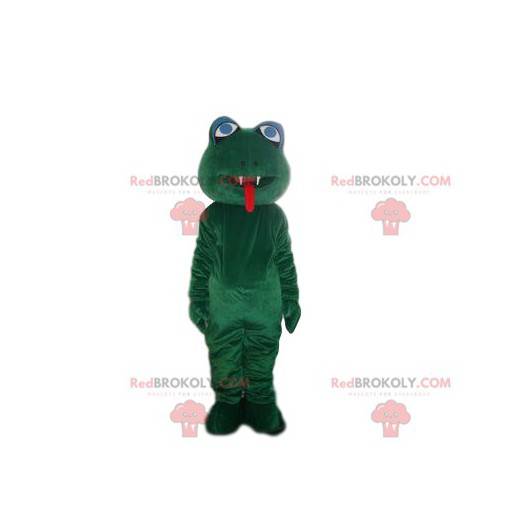 Green frog mascot with two sharp teeth - Redbrokoly.com