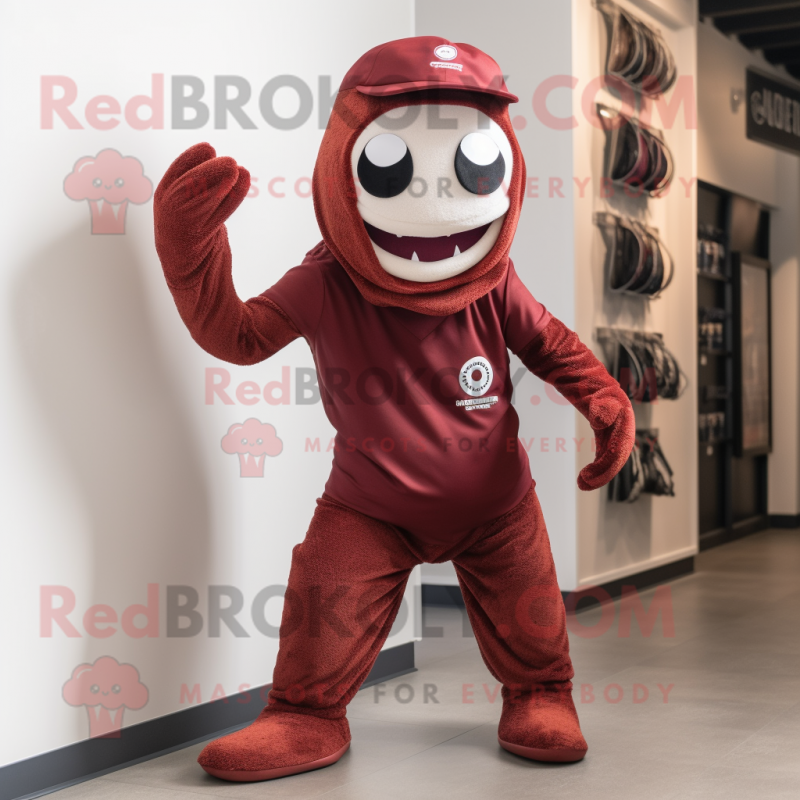 Maroon Hydra mascot costume character dressed with a Joggers and Hats Maroon Hydra mascot costume character dressed with a Joggers and Hats