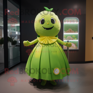 Green Lemon mascot costume character dressed with a A-Line Skirt and Cummerbunds