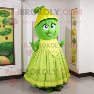 Green Lemon mascot costume character dressed with a A-Line Skirt and Cummerbunds