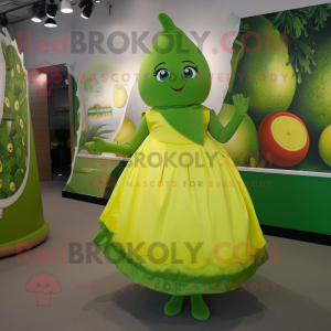 Green Lemon mascot costume character dressed with a A-Line Skirt and Cummerbunds