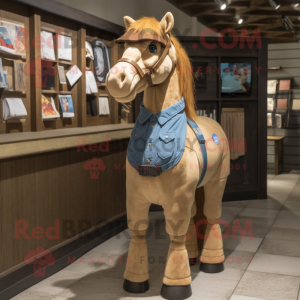 Tan Horse mascot costume character dressed with a Chambray Shirt and Shawl pins