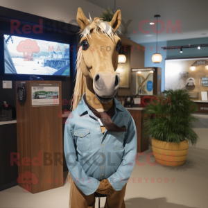 Tan Horse mascot costume character dressed with a Chambray Shirt and Shawl pins