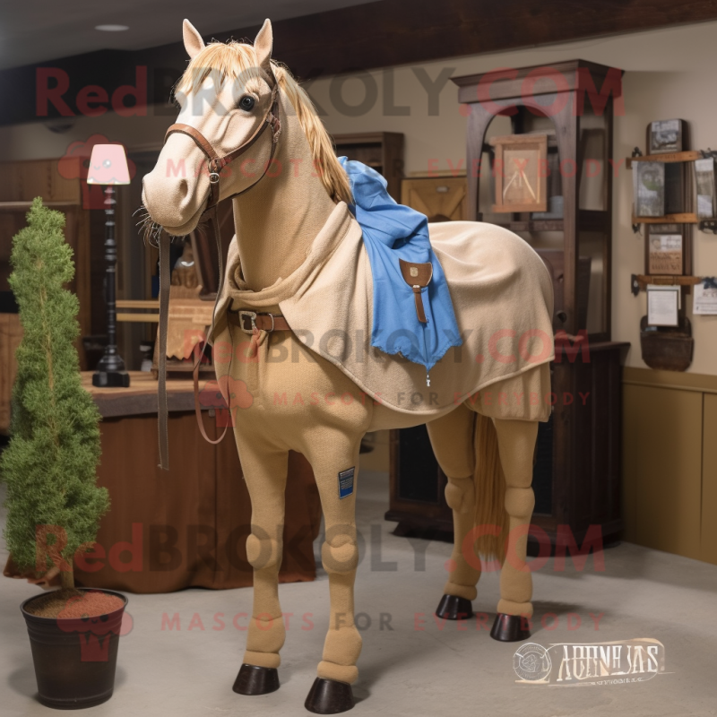 Tan Horse mascot costume character dressed with a Chambray Shirt and Shawl pins