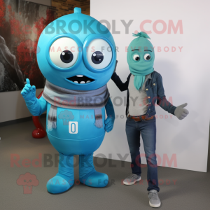 Cyan Grenade mascot costume character dressed with a Boyfriend Jeans and Scarves