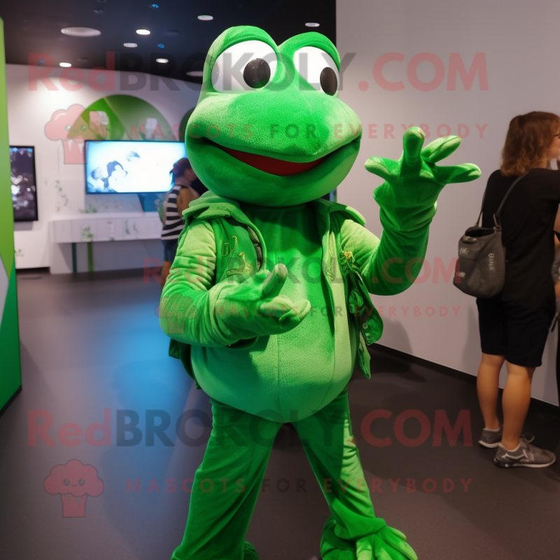 Forest Green Frog mascot costume character dressed with a Graphic Tee and Gloves