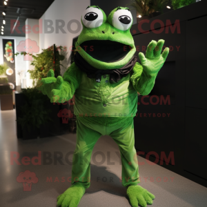 Forest Green Frog mascot costume character dressed with a Graphic Tee and Gloves